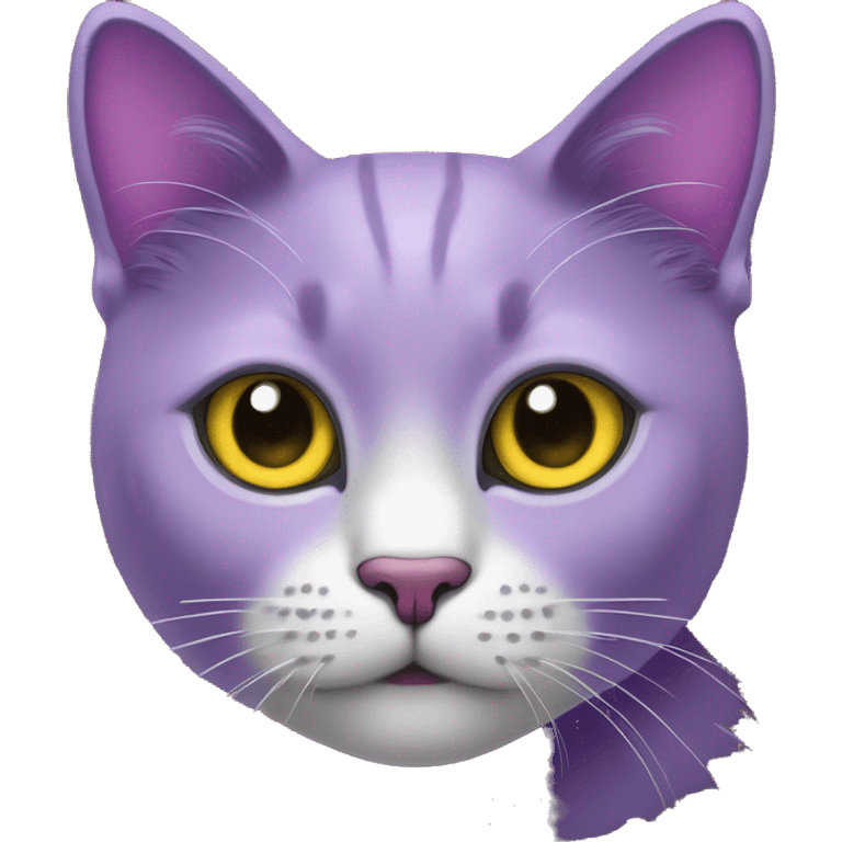 Un gato de color morado, ojos negros y pupilas blancas y un collar con una luna amarilla  emoji