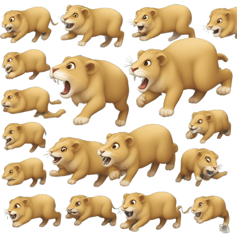 3 lions prowling and jumping over hamsters, conquering the jungle emoji