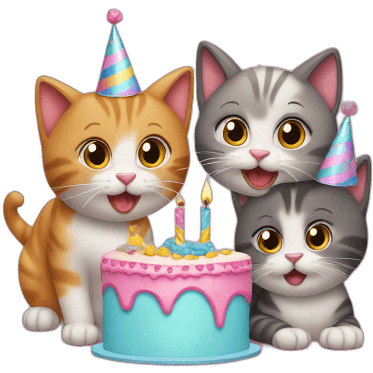 two cats with two kittens at a birthday party emoji