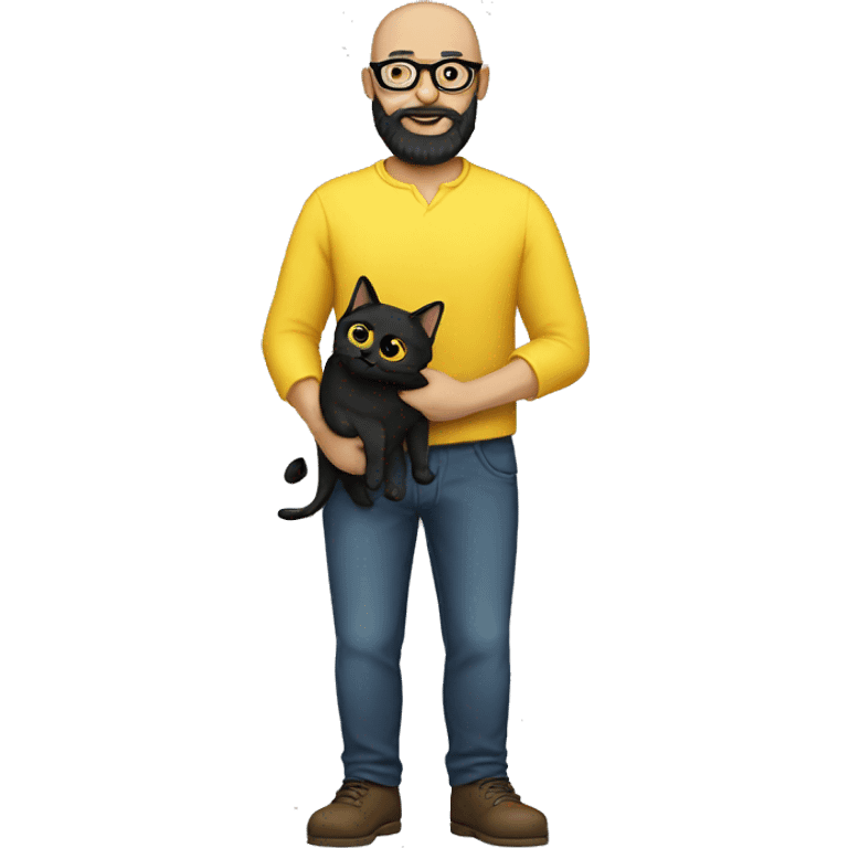 A bald man with glasses and black beard holding a yellow cat full body emoji