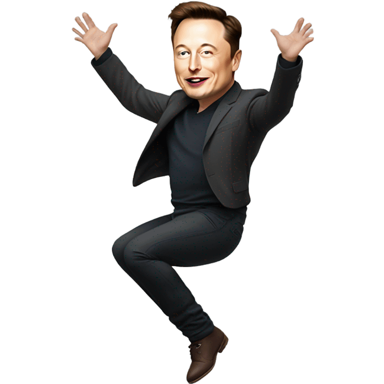 Elon musk, full body, bloated belly, rubbing it WHILE jumping high emoji