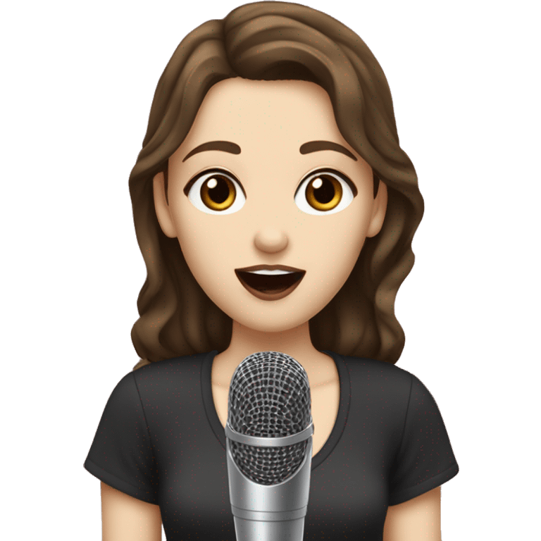 a girl with brown hair, hazel eyes, pale skin, dark lips, singing into a microphone emoji