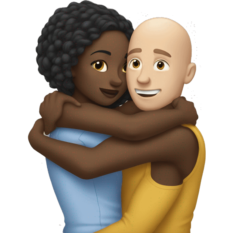 Black girl hugging a bald white guy emoji