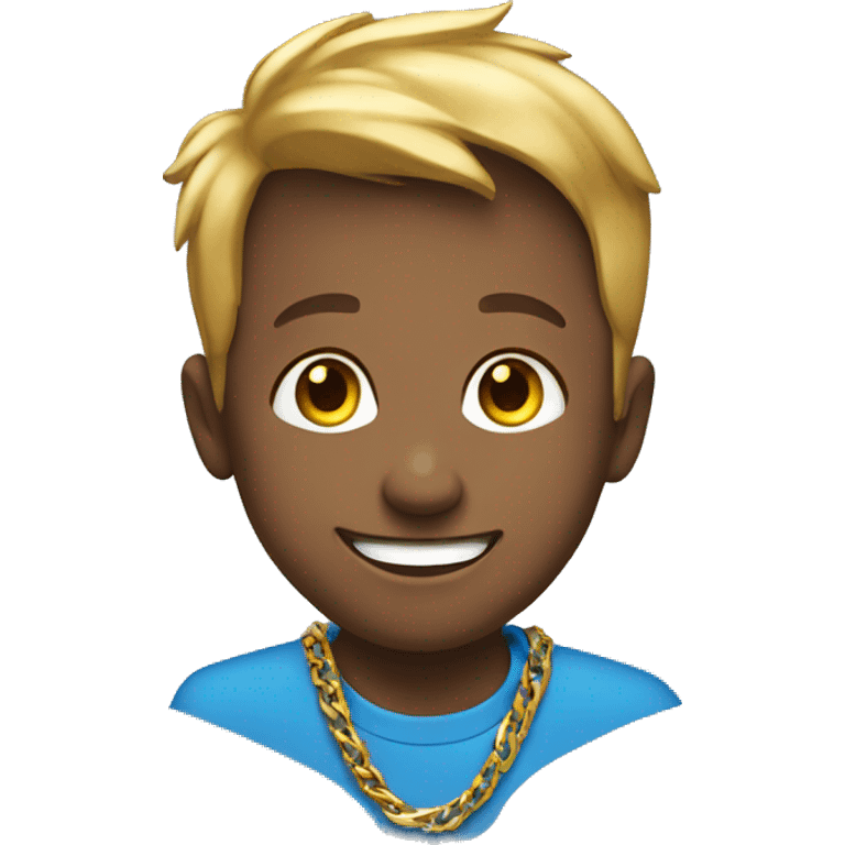 smiling boy in blue shirt gold chain emoji