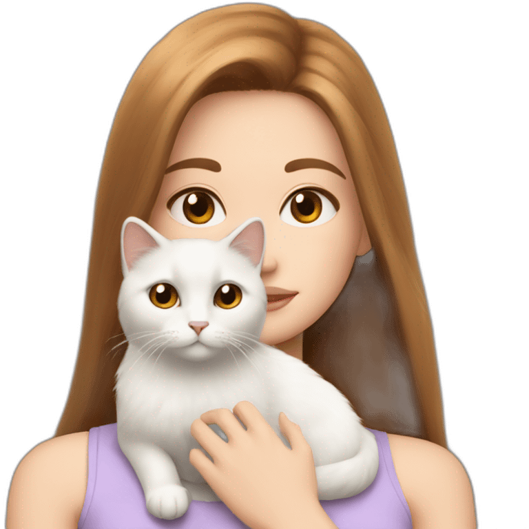 A girl with brown straight hair and on her left shoulder and neck lies a white fluffy cat with eyes of different colors emoji