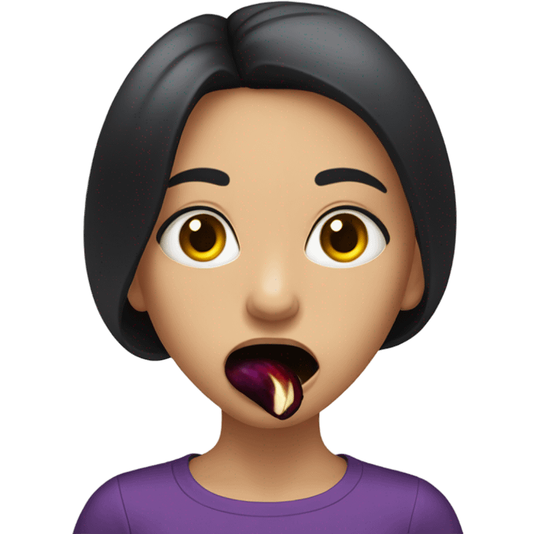 Girl with dark hair and eggplant in her mouth emoji