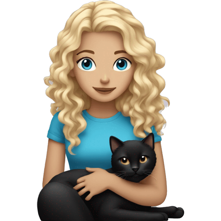 blonde girl with curly hair and blue eyes holding a black cat emoji