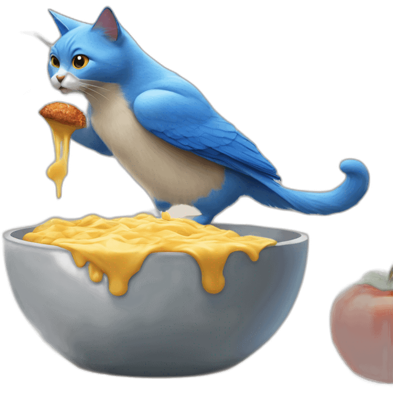 cat who is eating Tchoupi and is attacked by a blue bird emoji