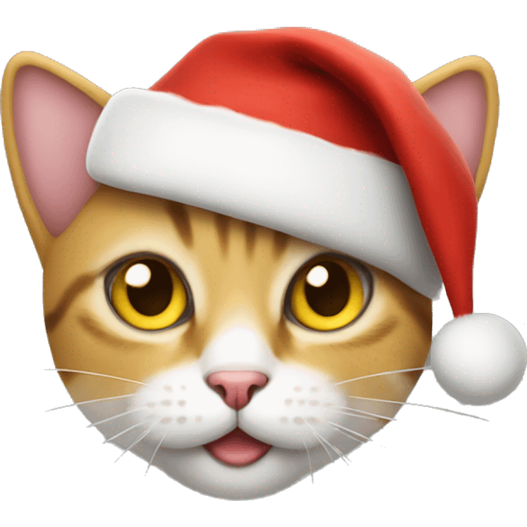 small cat big yellow eyes wearing a christmas hat and smiling emoji