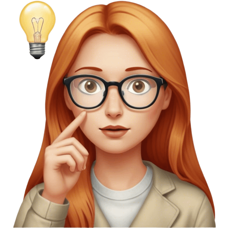 intelligent and clever, 30 year old, girl, long red and almost blond hair, glasses, has an idea, rubs her finger on the nose, light bulb over the head, casual cloth  emoji