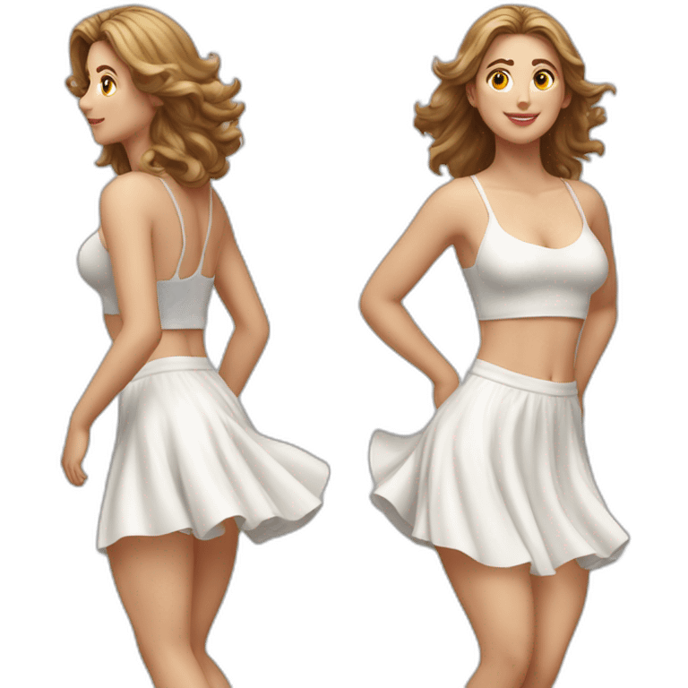 Hyperrealistic Full body Caucasian curvy beauty jumping white skirt back and front views strong wind emoji