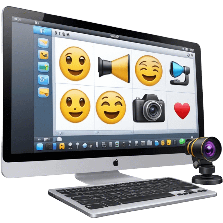 Create an emoji of video editing. Should feature a video editing timeline or interface on a computer screen, showing clips and a playhead. Include a video camera and editing tools. No any smiley faces in emoji. Make the background transparent. emoji