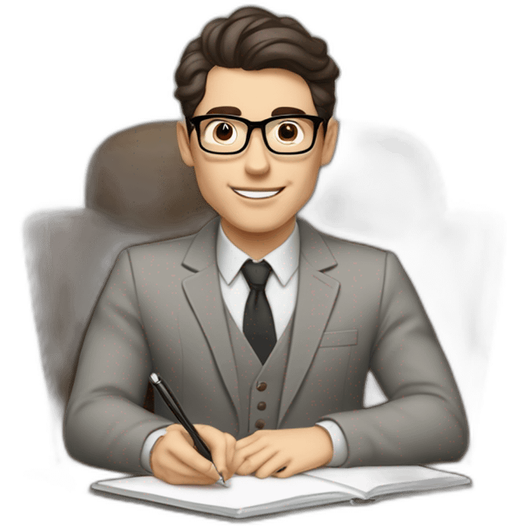 Pale skinned Fit Man With dark brown hair in gray jacket, beige office shirt and vintage glasses sitting In a soft chair with a notebook with emblem Ψ and a pen in his hands emoji