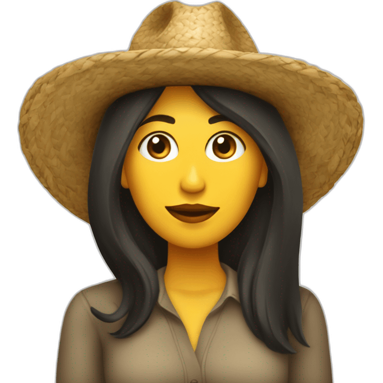 Mujer morena cabello largo con sombrero creando ideas para redes sociales  emoji