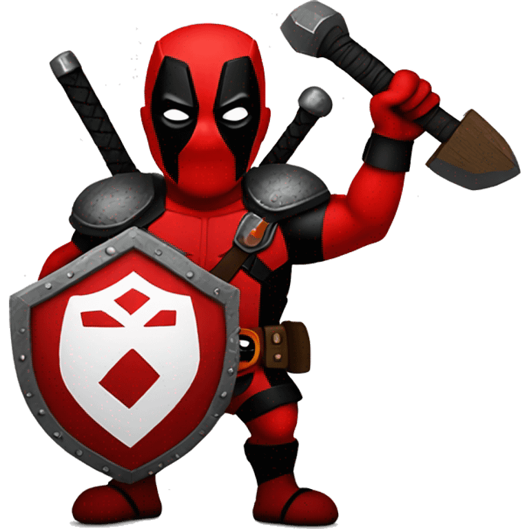 Deadpool holding Viking shield and a hammer emoji