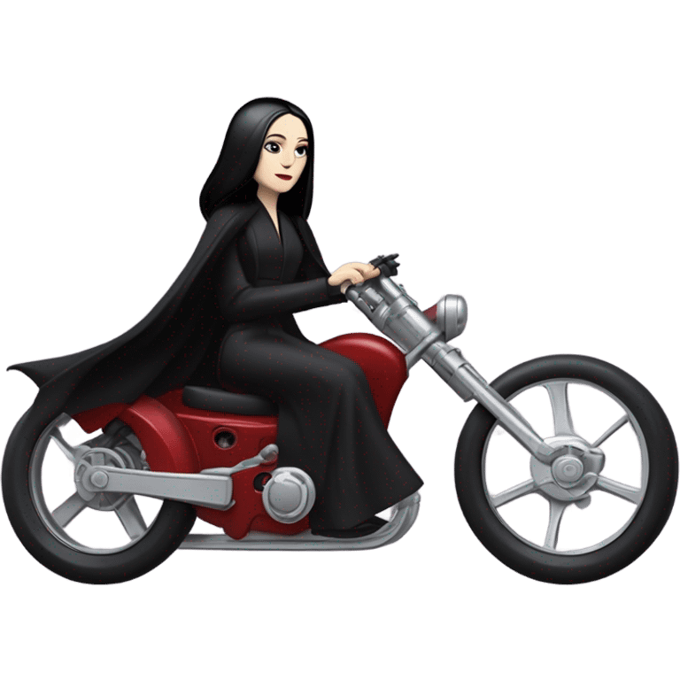 Jedi teen Morticia Addams flying a red Zephyr-J speeder bike  emoji