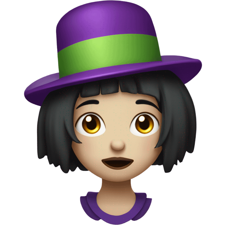 Sad clown girl wearing joker’s hat jesters hat with short chin length straight black hair exaggerated expression on her face  emoji