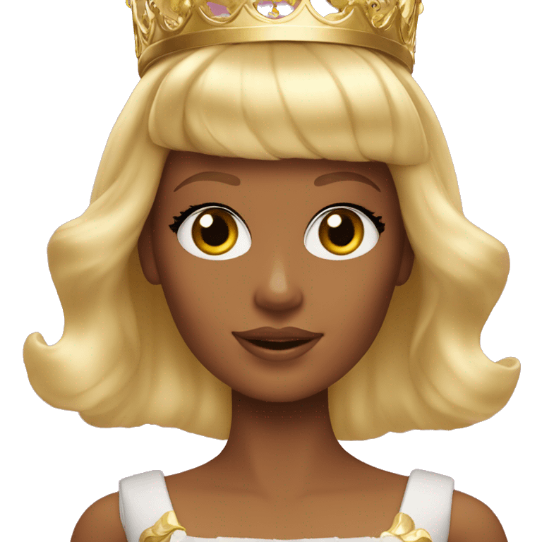 Blonde Barbie with full bangs and long hair and hazel eyes wearing a gold crown emoji