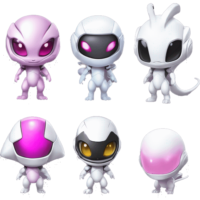 White, Chibi, White body, Anthro-Sona-Lizard-Alien-Salazzle-Mew-Mewtwo-Fakémon, with pink eyes, with a futuristic visor-helmet, wearing a techwear-suit, Full Body emoji