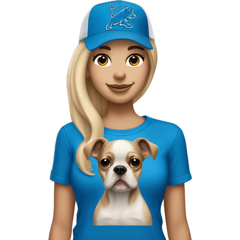 A blonde haired girl shoulder langth wearing a Detroit Lions hat and holding a Boston terrier emoji