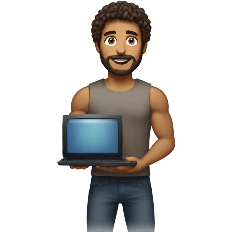 men carrying a computer in his hands. light brown skin men with curly dark brown hair, brown eyes, little grown beard. imposing, bit muscular build. dressed casual. emoji