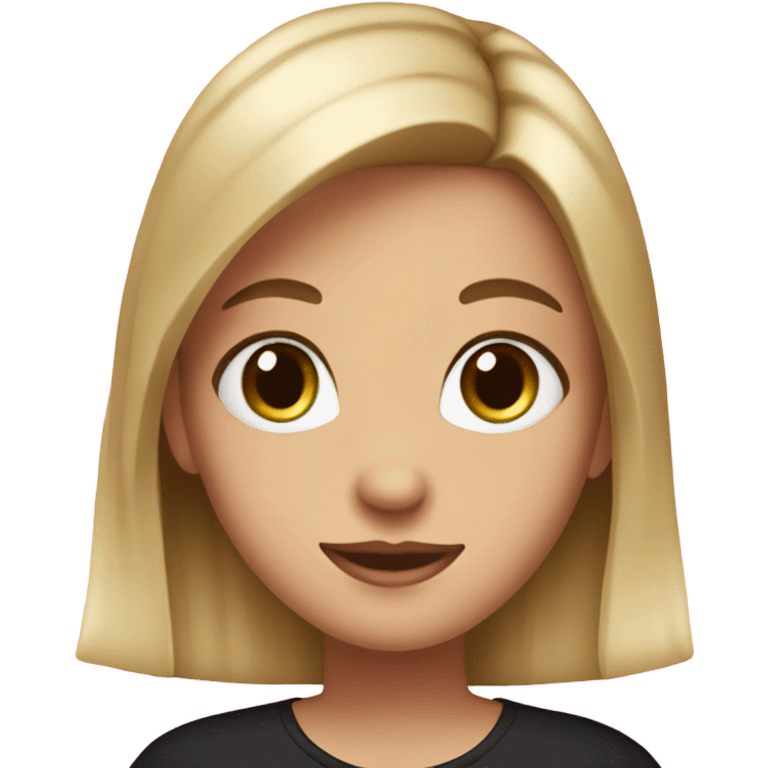 Blonde girl with medium long straight hair, green/ brown eyes, black shirt in hands a white/ pink Birthday cake emoji