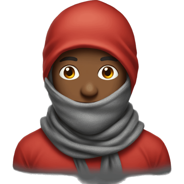 Man in red hoodie with hood up wearing a scarf emoji