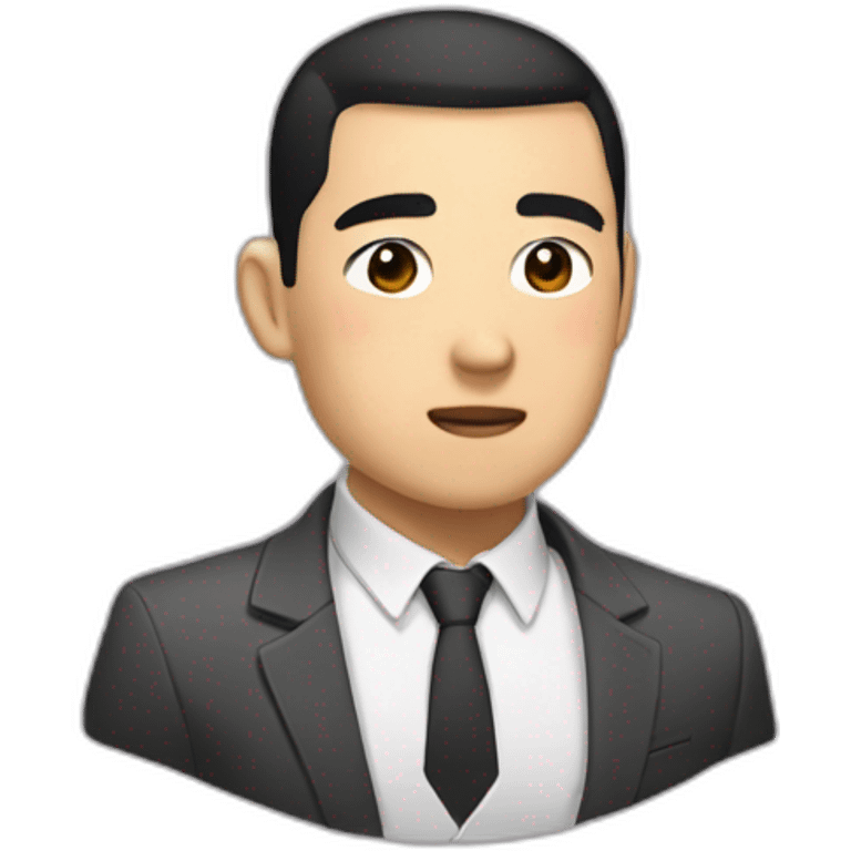 Asian, thick eyebrows, Buzz cut, emotionless, suit emoji