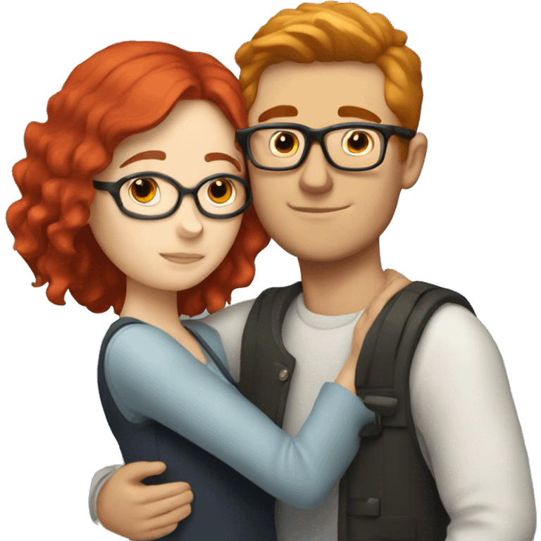 White girl with red hair hugging white guy with brown hair and glasses emoji