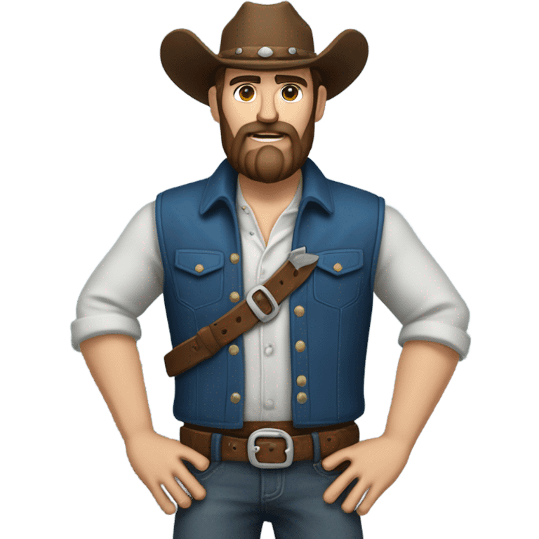 a rugged cowboy with a thick beard, wearing a blue vest over a classic western shirt and a brown belt with a silver buckle. He should have a confident stance, showing full torso emoji