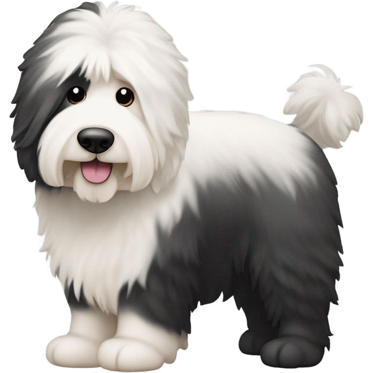 Old English sheepdog with a half and half face like a black and white cookie emoji