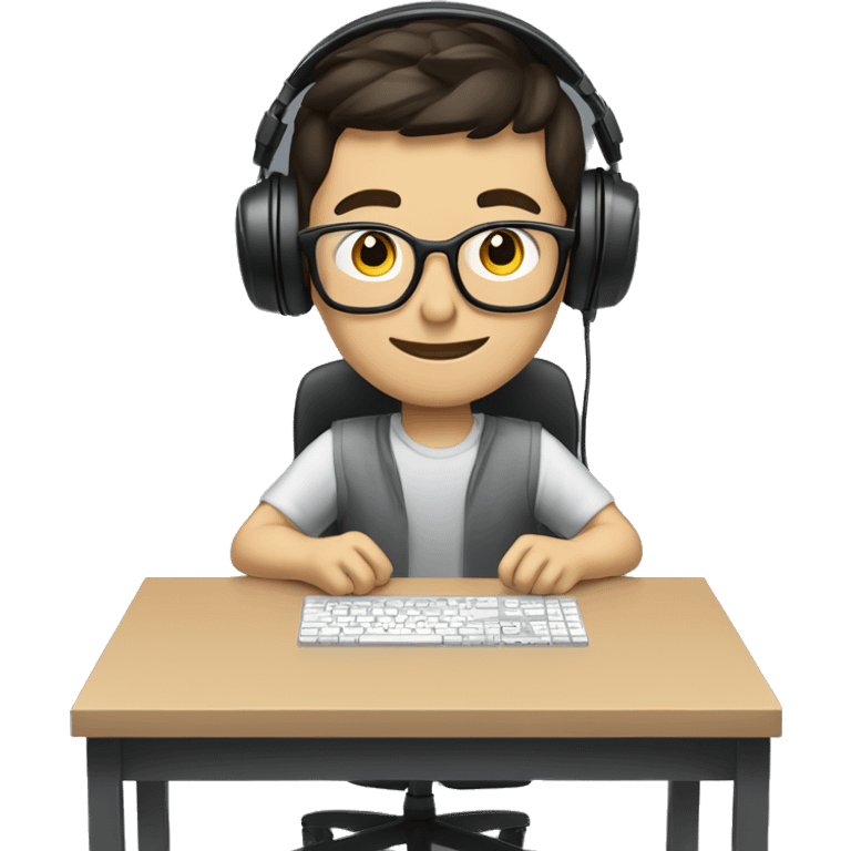 white boy with dark hair and glasses wearing gaming headset and sitting at desk on desktop computer   emoji