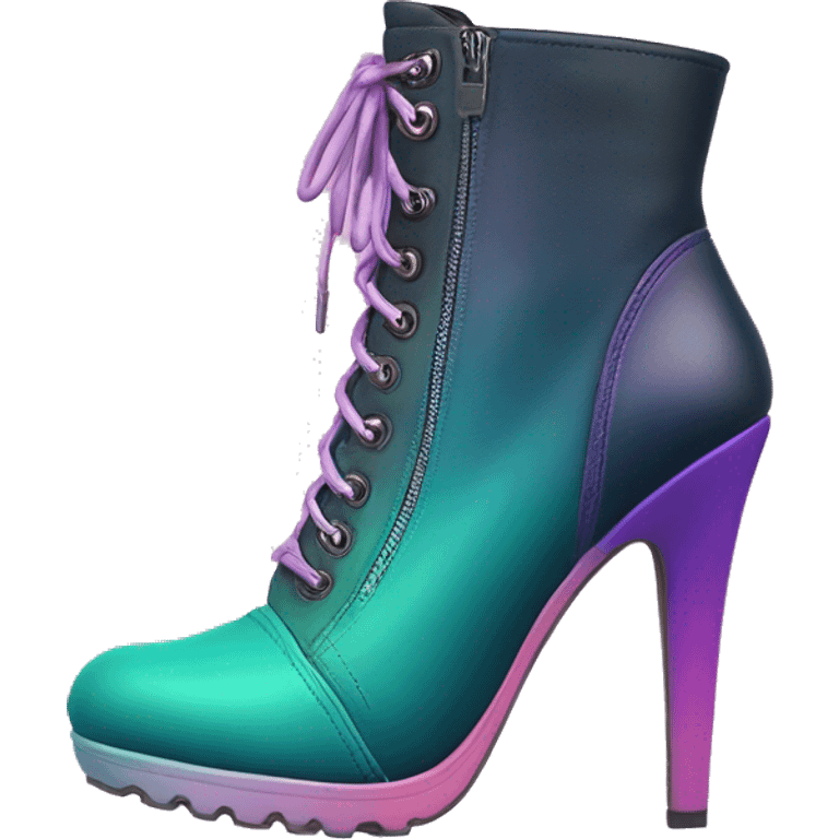 Realistic isolated top view of a pair of dark teal,purple,pastel pink,pastel purple and pastel yellow ombre high heel zippered ankle bootie boots. emoji