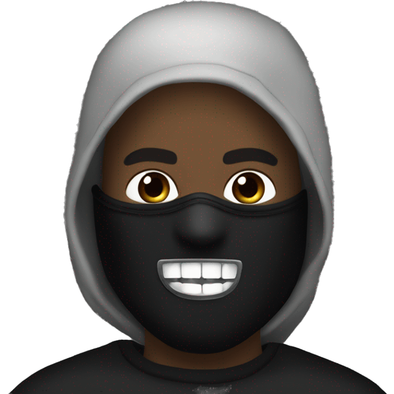 kanye with a black balaclava in black mask and silver grillz on teeth emoji