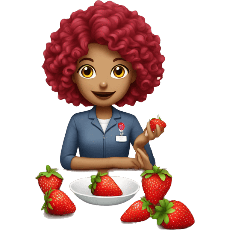 dietitian girl burgundy curly hair eating a strawberry  emoji