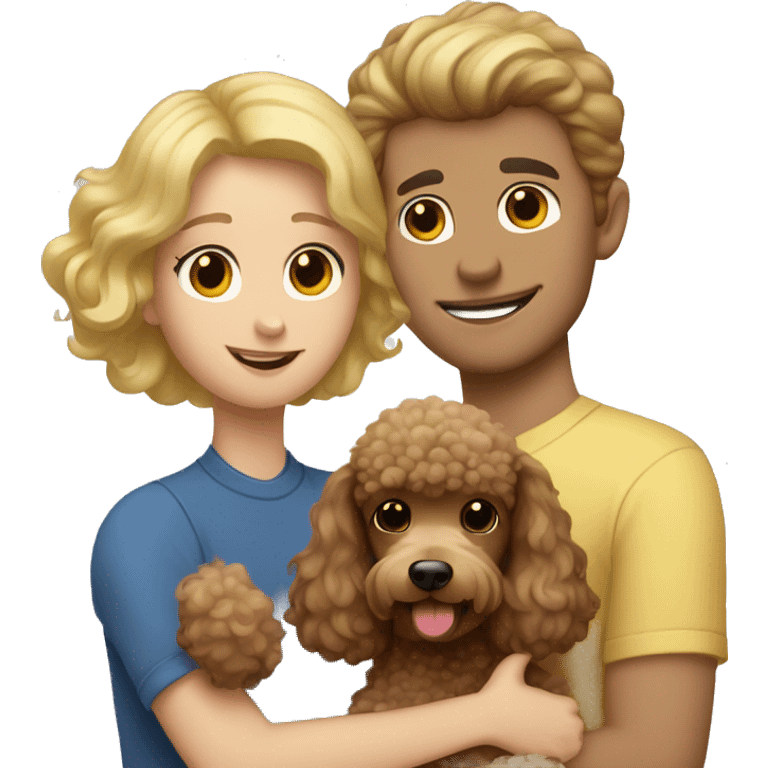 a small brown poodle hugging a blond guy and a brown-haired girl emoji