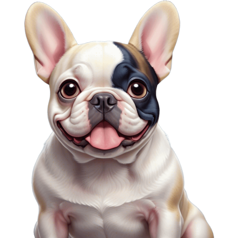 Cinematic Comical Pied French Bulldog Portrait Emoji, Head tilted with an exaggeratedly shocked, comical expression and wide, humorously expressive eyes, showcasing a distinctive pied fur of contrasting hues and a charmingly goofy face, simplified yet hilariously detailed, glowing with a sassy, playful radiance, high shine, exuding a mischievous and meme-worthy charm, styled with a soft glowing outline, capturing the essence of a Pied French Bulldog that looks ready to spark a viral laugh! emoji