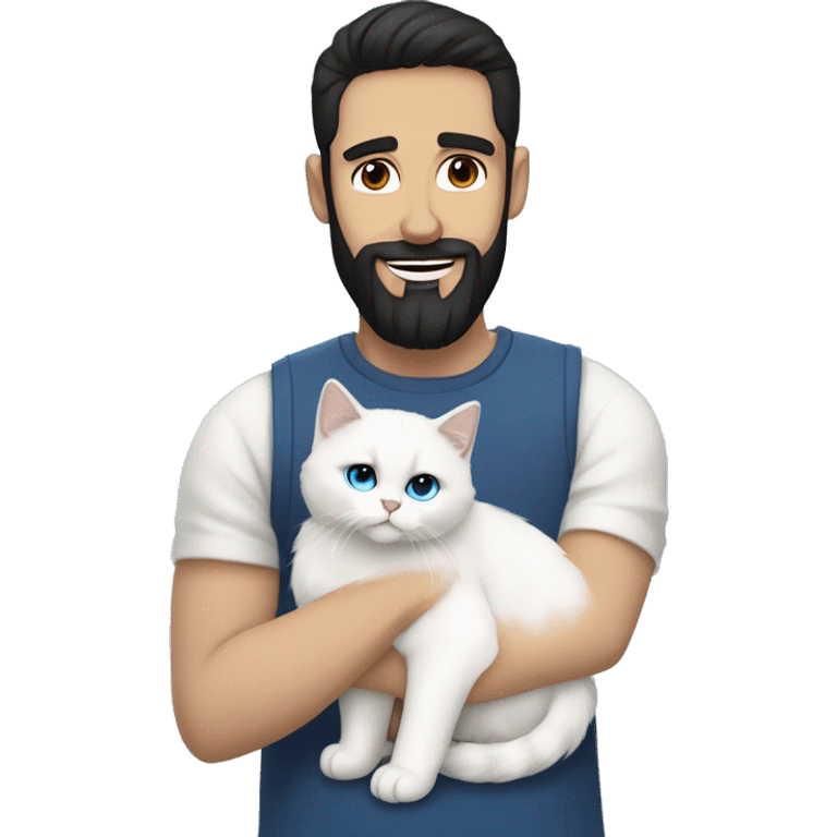 A guy with a black earing and black short hair and black beard and holding a all white Siberian cat with blue eyes  emoji