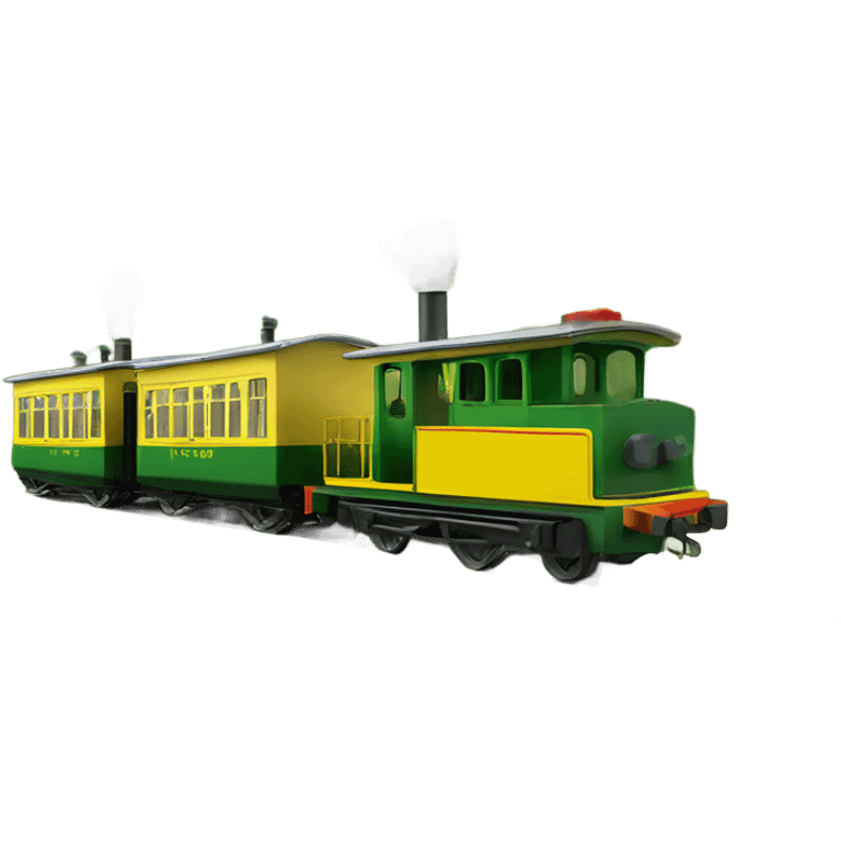 a little yellow and green narrow-gauge railway and a locomotive emoji