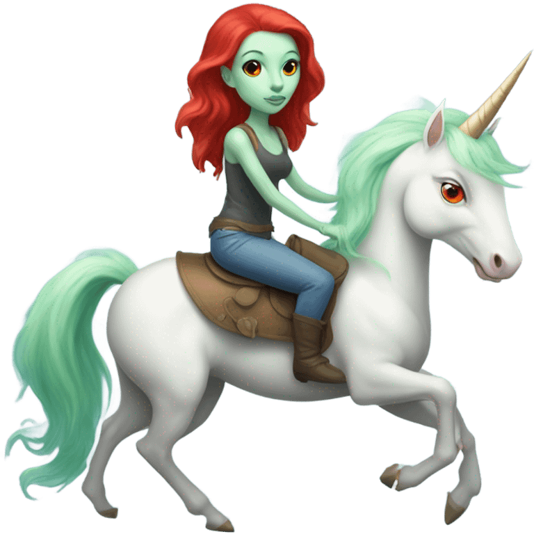 [politically incorrect
	{ woman: alien, color: light green, hair:red, eyes:cat} ]
	on a 
	[{ unicorn: white, legged:four, mane: light blue }] emoji