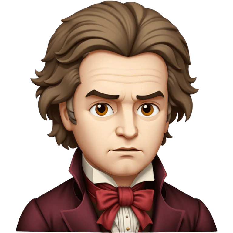 Cinematic Realistic Beethoven Portrait Emoji, depicted as a passionate composer with intense expressive features in period attire, rendered with rich textures and dramatic moody lighting that captures the turbulent genius of his music. emoji