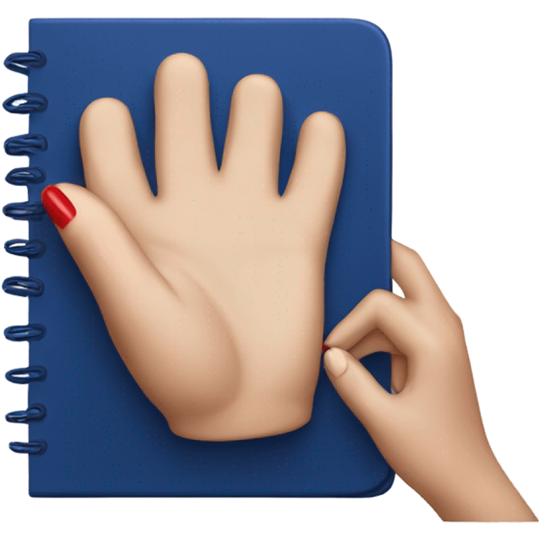 a female hand with a red manicure holds a dark blue notepad emoji