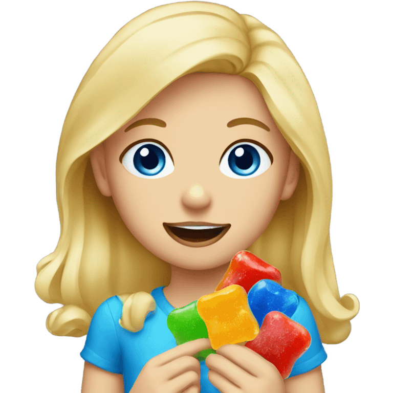 Blue eyed blonde girl eating Gummies emoji