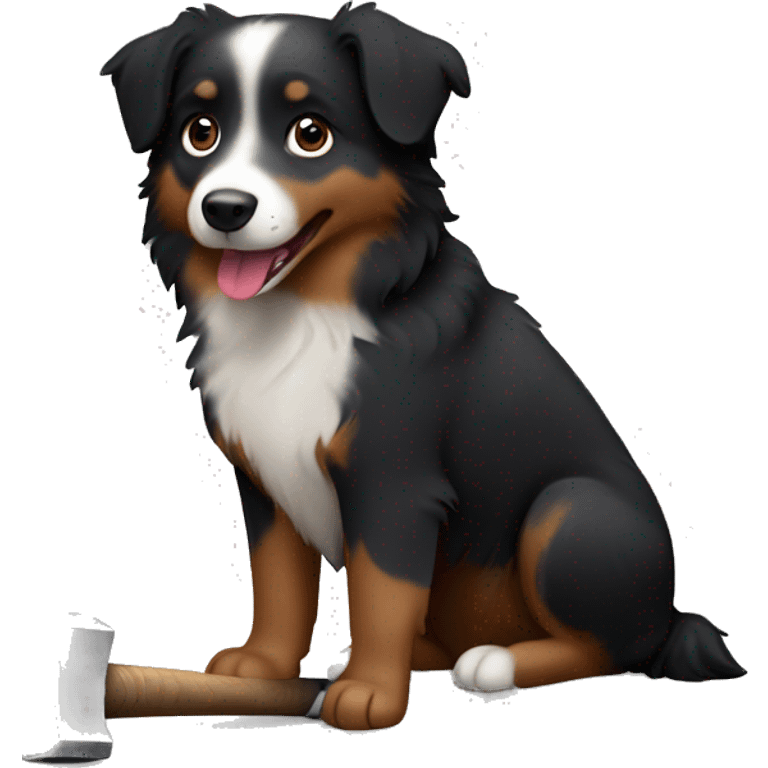 Small black australian shepherd dog building with hammer  emoji