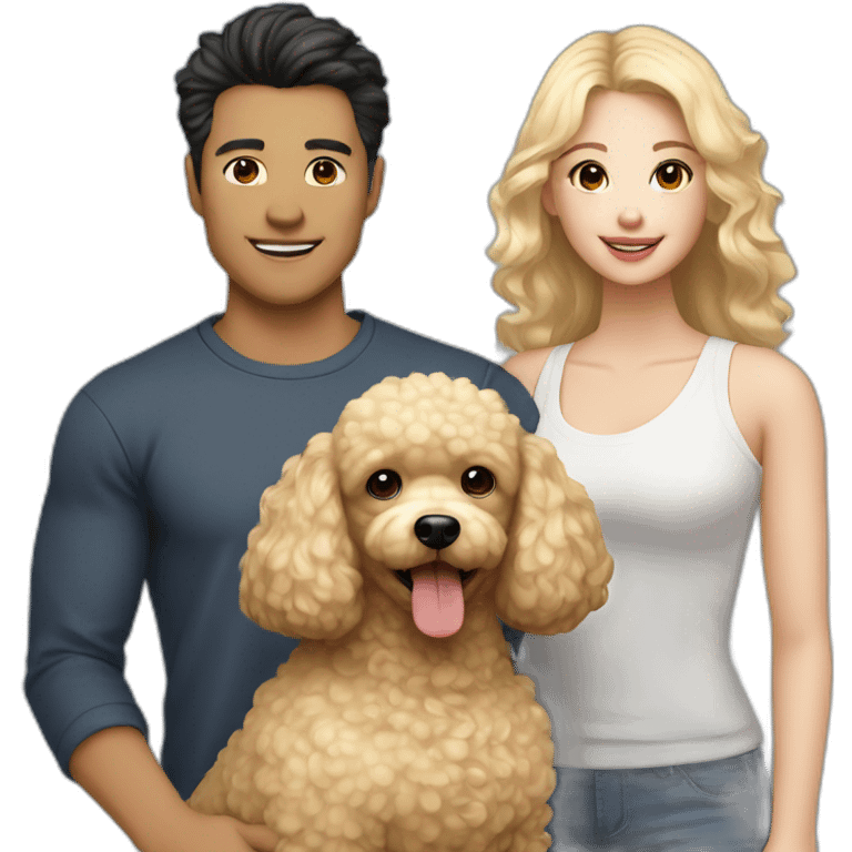 A Family consisting of 1 asian man with dark eyes and hair and 1 white blonde girl with pale skin and 1 fluffy brown toy poodle emoji