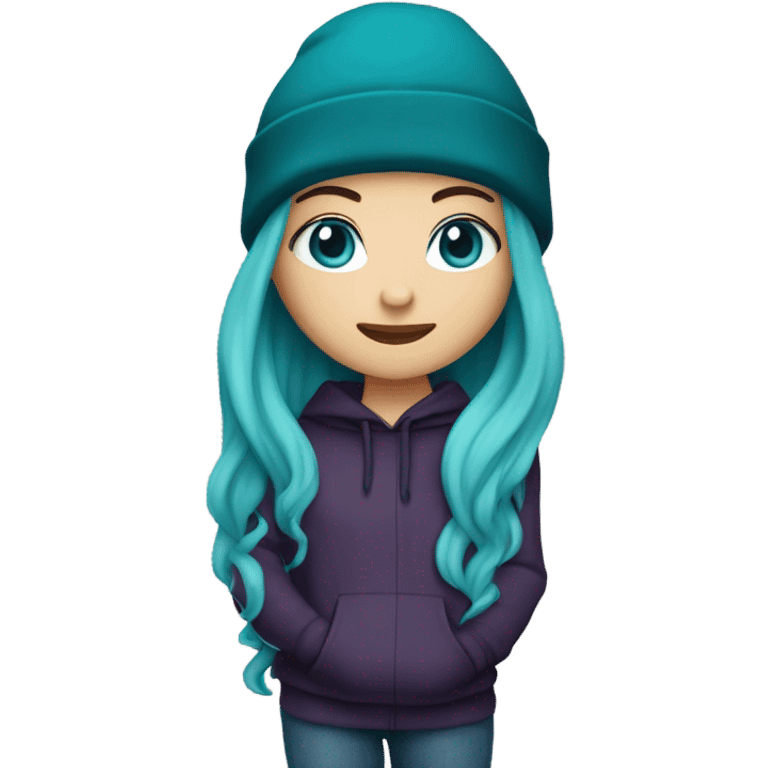 White girl, blue eyes, long teal hair, purple beanie hat, black hoodie, blue jeans, black shoes emoji