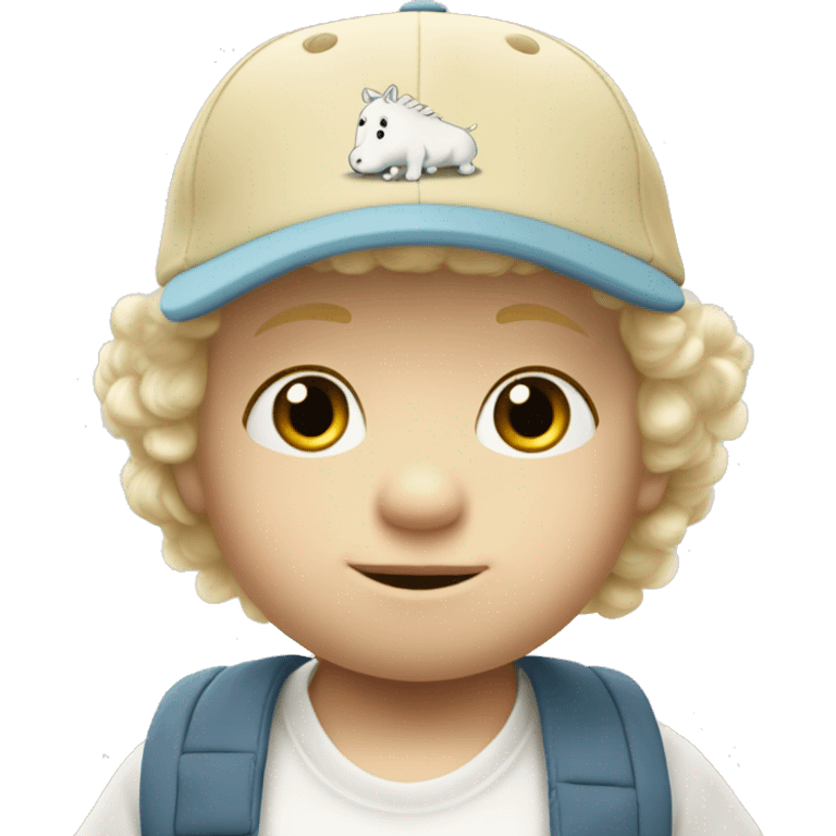 Blond Caucasian baby dude with curly har and moomin themed baseball cap emoji