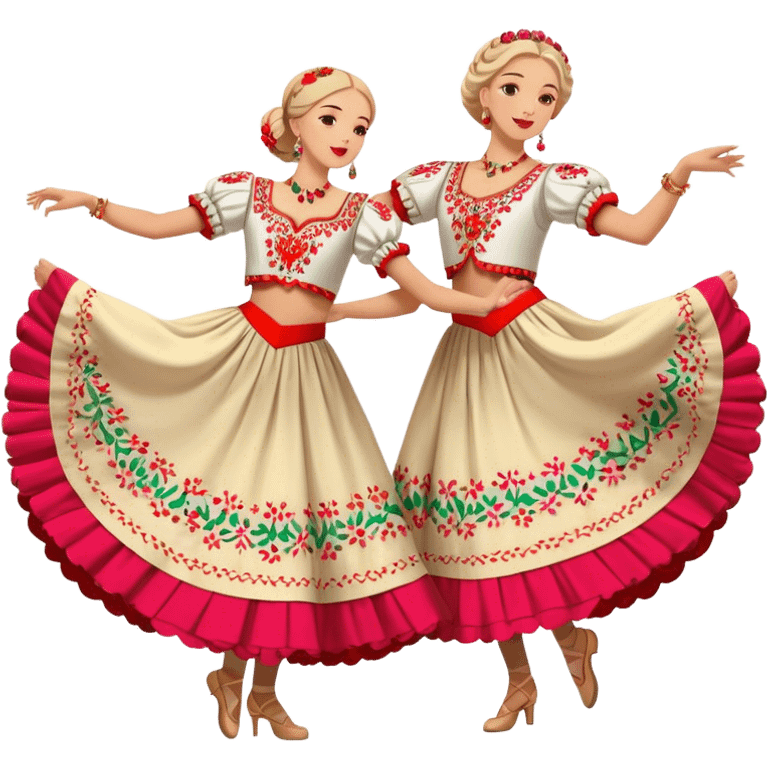 Cinematic Realistic scene of two dancers performing the Mazurka, dressed in vibrant traditional Polish costumes with intricate embroidery and flowing skirts, captured in graceful motion with warm, festive lighting emoji