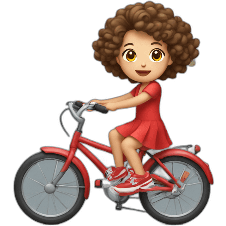 Taiwanese girl with lazy curly hair wearing red dress and keen shoes riding bicycle emoji