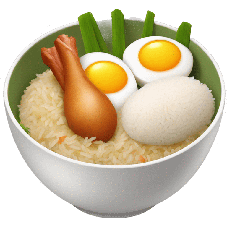 rice bowl with two eggs and two chicken drumstick emoji